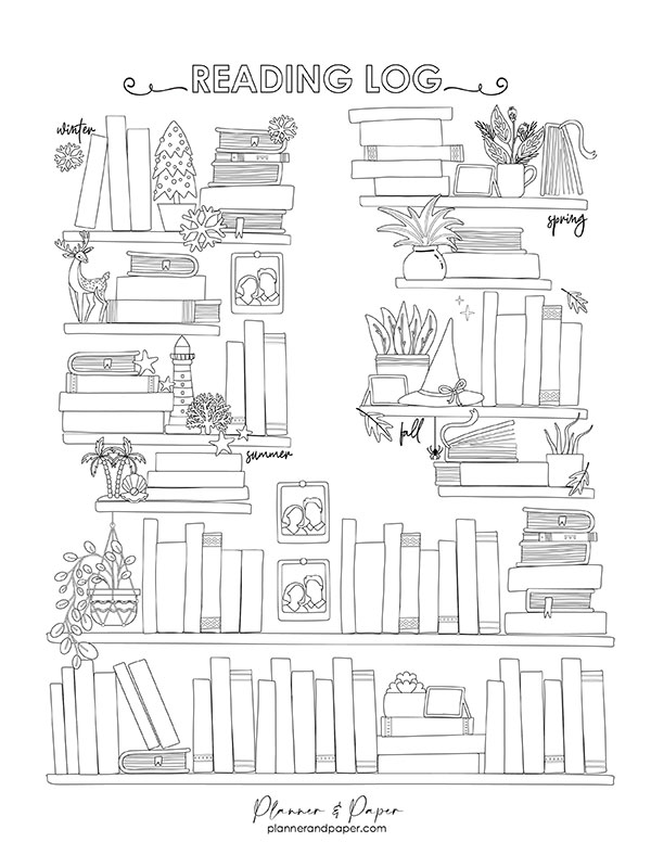 printable book log that looks like a book shelf. Track what you have read by placing the names of the books you've read along the spines of the books on the image.