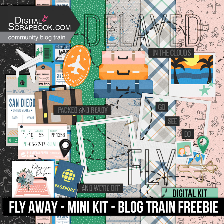 This is a preview image of the digital scrapbook kit created for the blog train. The kit includes 6 themed papers - one with luggage tags, two with travel icons, a map, polka dots, and a plaid. There are also decorative digital embellishments included that contain 2 suitcases, an airplane, a passport, 2 luggage tags, paper clips, 2 frames, a postcard, geotag markers, and several word bits. They include the phrases "go, see, do", "In the clouds", "Packed and ready", and "And we're off". 