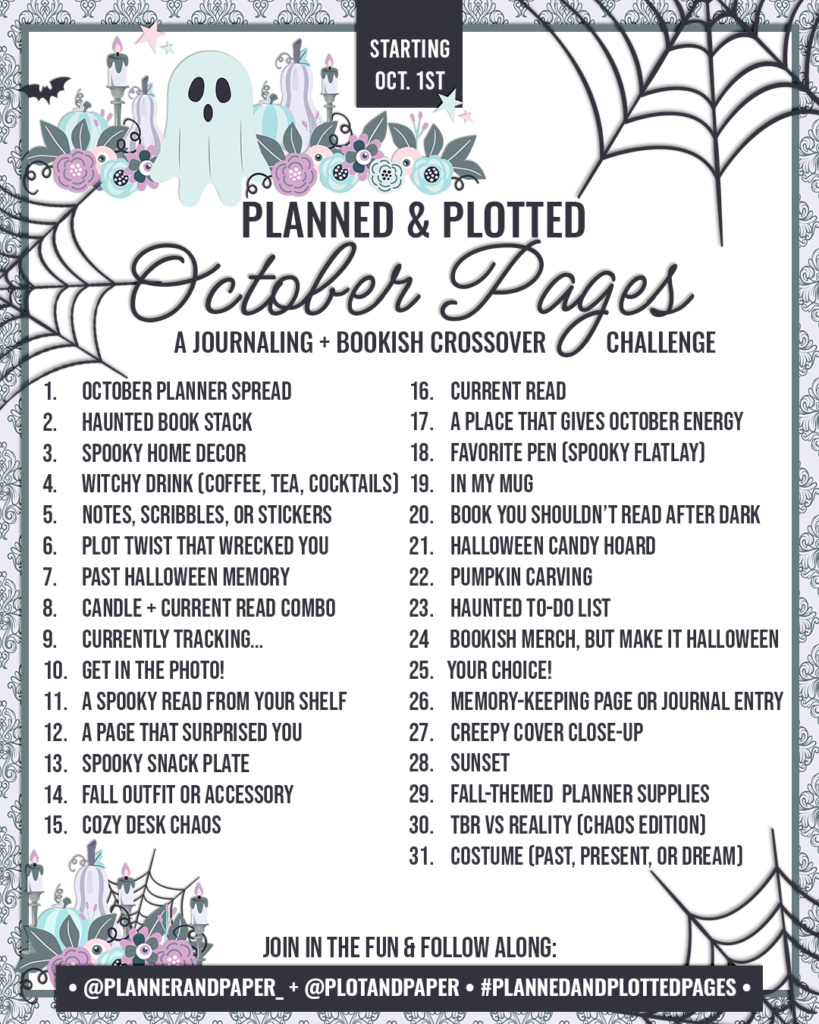 Planned & Plotted October Pages 2025 prompt list featuring 31 journaling and bookish crossover prompts with pastel Halloween graphics including ghosts, pumpkins, cobwebs, and planner elements.